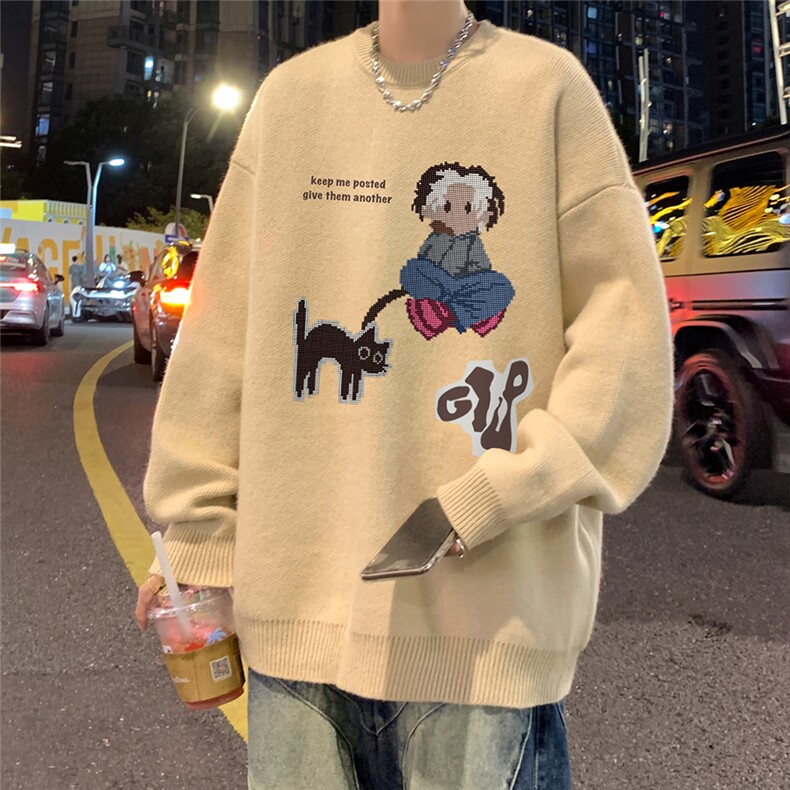 港风新款秋季时尚百搭宽松卡通印花套头毛衣TPM6841P40控68图片