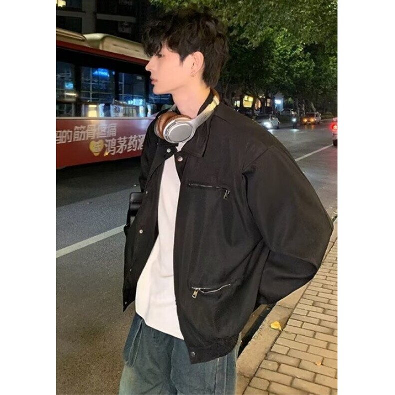外套男潮高级感秋冬季痞帅穿搭美式复古黑色垫肩棉服 J3369图片