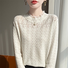 2025年秋季套头长袖圆领蕾丝木耳边打底衫，女装针织衫/毛衣，凯思米羊绒