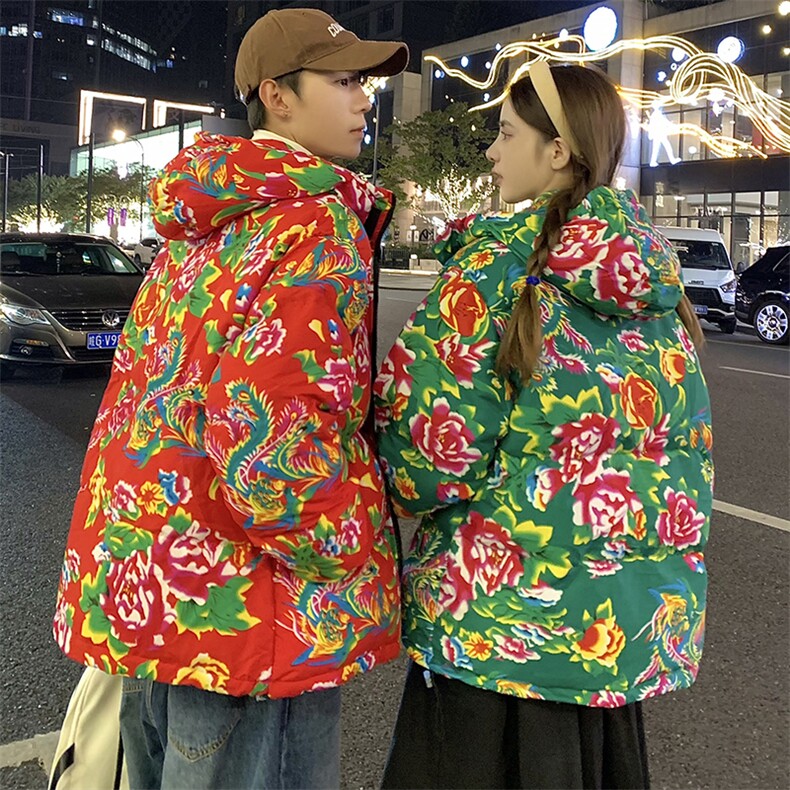 Y251男女连帽东北大花棉服棉袄风新中式团队 上款差价图片