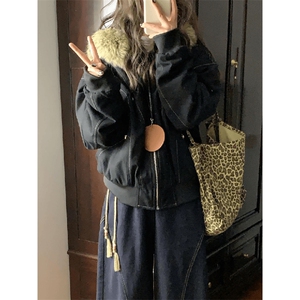 现货重磅boxy短款棉衣座山雕大毛毛领男女棉服水洗工装厚外套图片