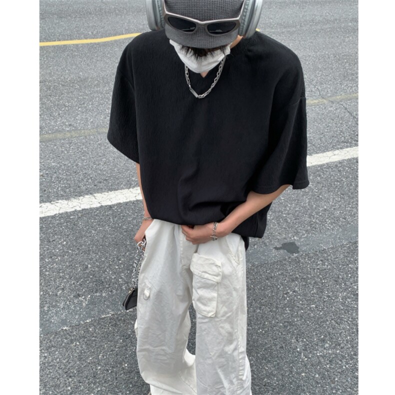 2026夏装V领短袖条纹T恤大码男纹理提花半袖T8608/特P20黑色2,男装T恤,电商A094