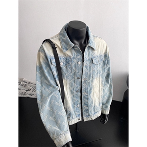 水洗提花牛仔夹克美式潮牌翻领工装外套休闲上衣 JK3572 特P74图片