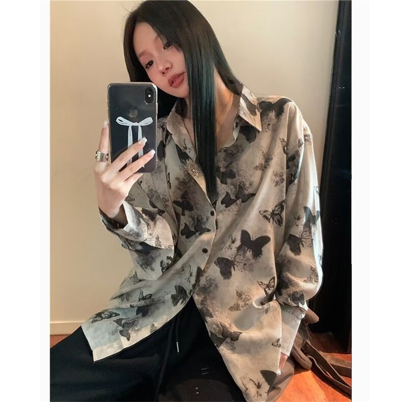 夏季男女长袖衬衫花蝴蝶扎染防晒设计感小众薄款开衫情侣外套上衣图片