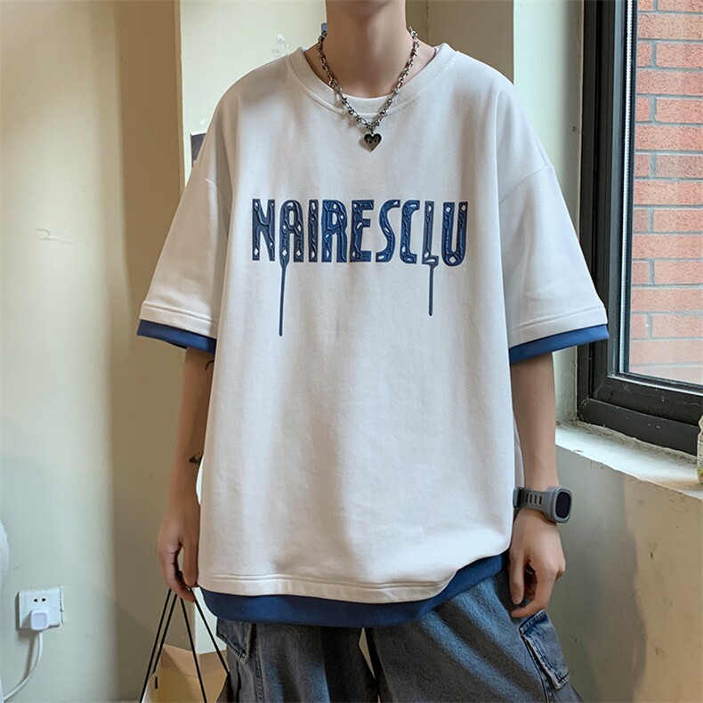 新款夏季短袖珠地面料宽松发泡字母假两件男士T恤ZDY3411-P50图片