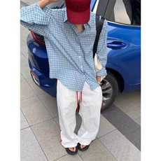 翻领格子双层棉纱长袖衬衫女秋季新款休闲宽松衬衣显瘦上衣，男装衬衫，星座506A