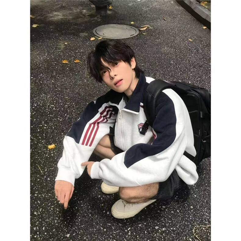JY390-P45美式条纹撞色拼接立领开衫卫衣,男装卫衣,星座1501-3