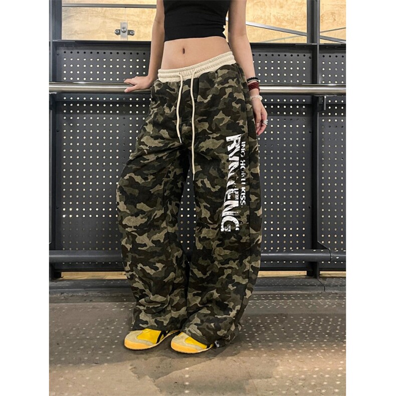 高街做旧印花拼接抽绳迷彩休闲裤女新款直筒宽松阔腿裤KB3121,男装休闲裤,星座1116A（原606A-3）