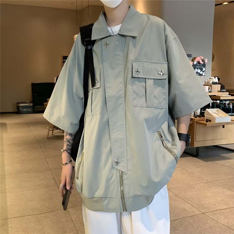 衬衫宽松型ins日系纯色方领青春流行男五分袖潮夏季日常9237P48,男装衬衫,星座410-2
