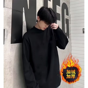春秋季白色圆领长袖T恤男生宽松美式百搭加绒内搭ins打底纯色上衣图片