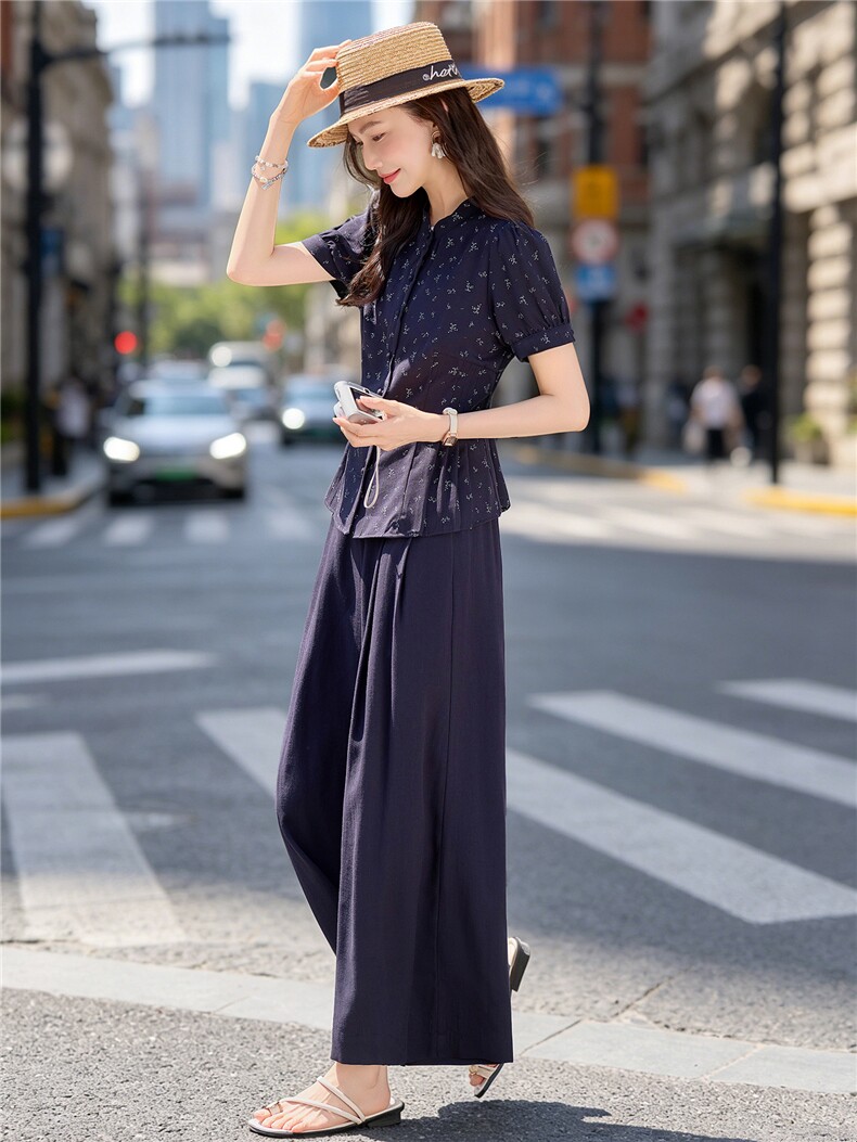碎花小立领收腰小衫配阔腿裤时尚清新田园风两件套,女装套装/套裙,水衣源