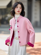 温柔风减龄绵羊毛双面呢外套女2025秋冬新款撞色气质短款毛呢大衣，女装双面呢大衣，沁沁公主