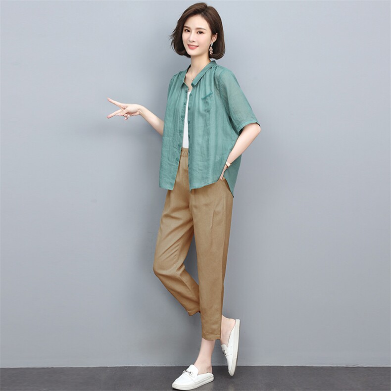 2022年夏新款纯苎麻上衣时尚两件套装女棉麻九分裤,女装套装/套裙,忆绮罗
