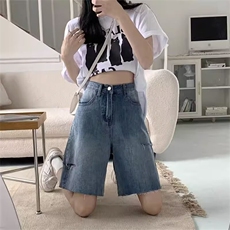 破洞牛仔短裤男女ins潮五分裤直筒港味高腰显瘦阔腿中裤CK103，男装牛仔裤，星座601-2