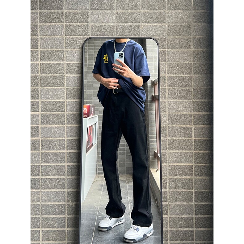 水泥灰微喇牛仔裤男女夏季美式高街vibe直筒裤子高腰显瘦弯刀长裤,男装牛仔裤,星座218-5