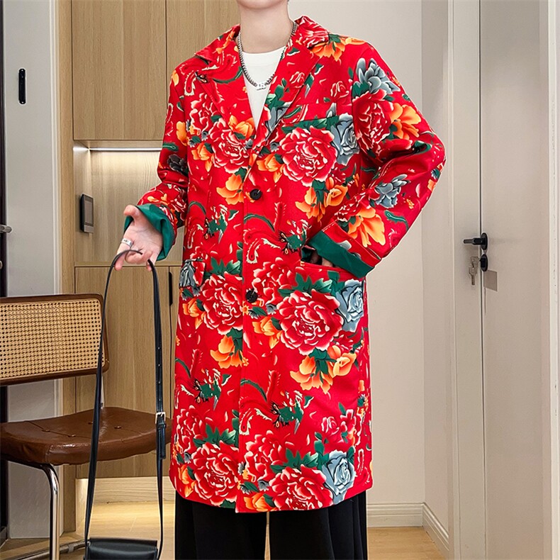 Y001男士中长款休闲风衣外套东北大花帅气外衣潮大码M-5XL，男装风衣，星座115A(原星座507）