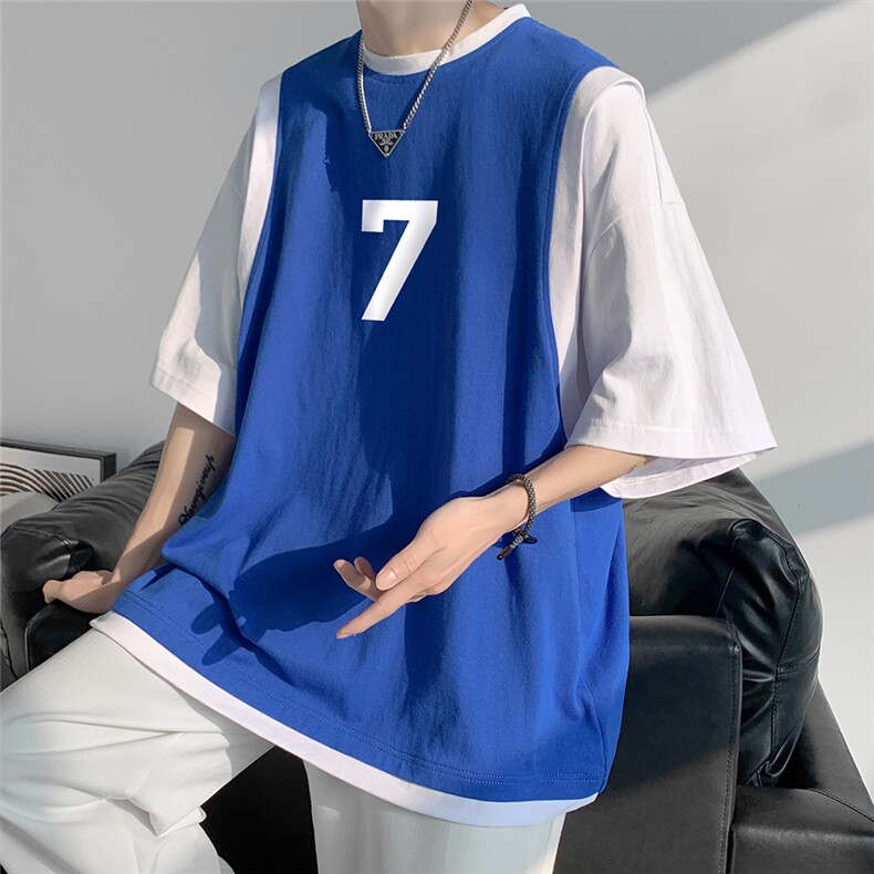 港风  纯棉夏季休闲宽松假两件拼色短袖T恤男女潮 T6509 P35控48图片