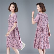 2021年夏季文艺连衣裙中长款A字裙印花棉皱圆点高腰短袖裙子，女装连衣裙，伊满意
