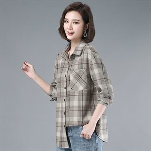 2021年春季自主图常规韩版长袖格子衬衫女磨毛衬衣外套图片