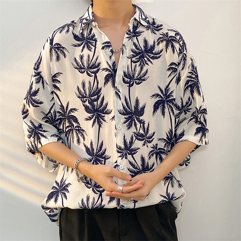夏季冰丝花衬衫男海边沙滩短袖男潮流ins宽松花衬衣CS801-P35,男装T恤,电商A062