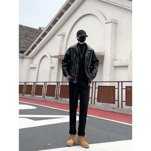 搭配马丁靴皮衣的休闲裤仿牛仔裤男秋冬机车风痞帅1412-2/612/P48图片