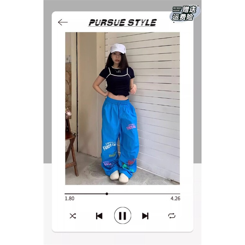 夏季薄款蓝色休闲阔腿美式运动裤透气轻薄欧美休闲裤女,女装休闲裤,星座1210-1