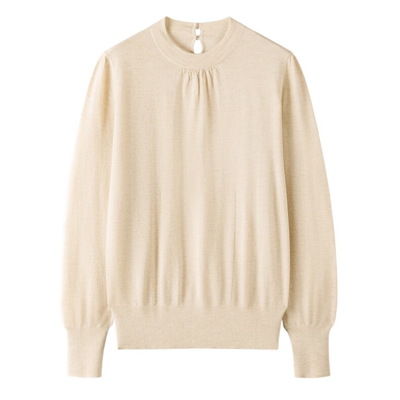 2025年秋季宽松型通勤套头圆领后背扣子长袖，女装羊绒衫，晨晟羊绒