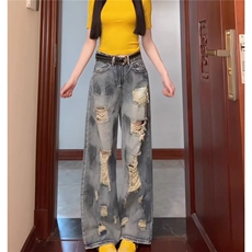 美式复古扎染阔腿破洞牛仔裤女新款废土风水洗拖地长裤LA1311-P50，男装牛仔裤，星座1008