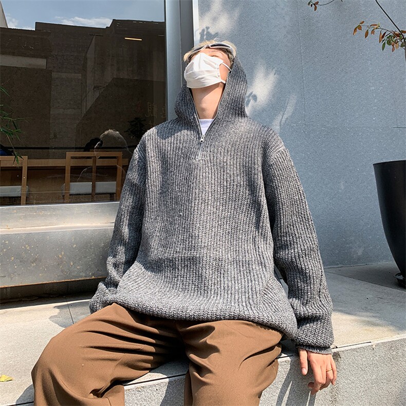 卡其色针织连帽卫衣男半拉链打底衫慵懒风高级感毛衣MF05P55,男装T恤,电商D256