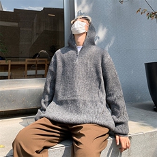 卡其色针织连帽卫衣男半拉链打底衫慵懒风高级感毛衣MF05P55，男装T恤，电商D256