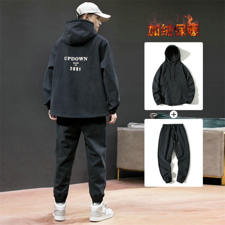 潮牌休闲运动套装男加绒运动服两件套宽松DS596T,男装卫衣,电商A102