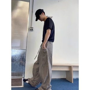 复古慵懒松弛竖条纹拖地裤男港风休闲宽松百搭直筒阔腿裤 KXR8015图片