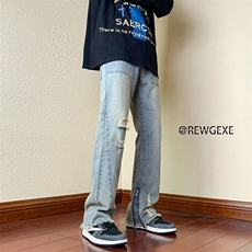 B221美式ins高街小众重工艺毛边拉链破洞牛仔裤LK23016-P65控88，男装牛仔裤，电商B221