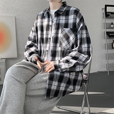 衬衫男秋季新款港风宽松大码磨毛格子长袖衬衣CS6638-特P29，男装衬衫，星座214-3