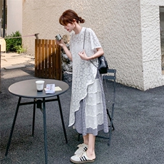 韩版白色罩衫格纹拼接半身裙套装女2025夏季新款慵懒风休闲两件套，女装套装/套裙，2B237
