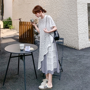 韩版白色罩衫格纹拼接半身裙套装女2025夏季新款慵懒风休闲两件套图片