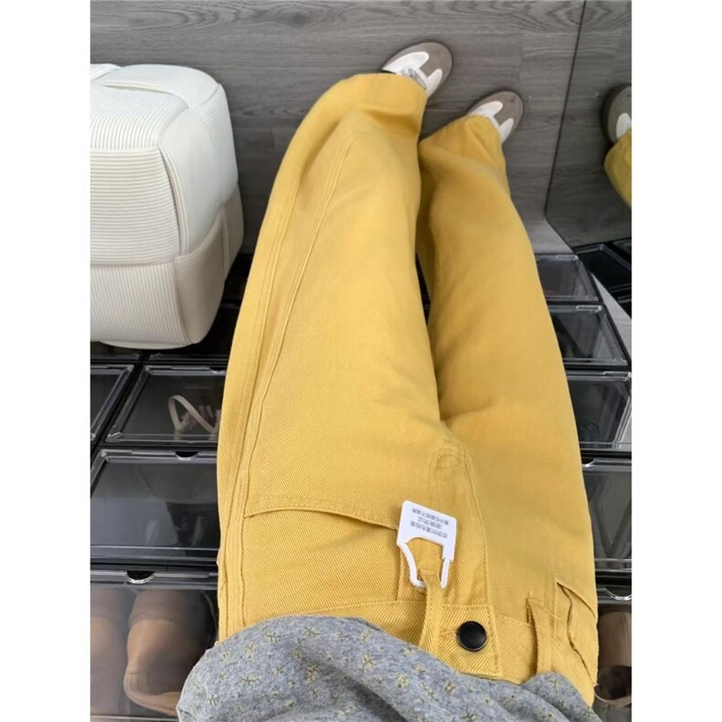 复古慵懒风树叶黄宽松阔腿牛仔裤女春秋新款美式垂感直筒拖地长裤，男装牛仔裤，星座506A