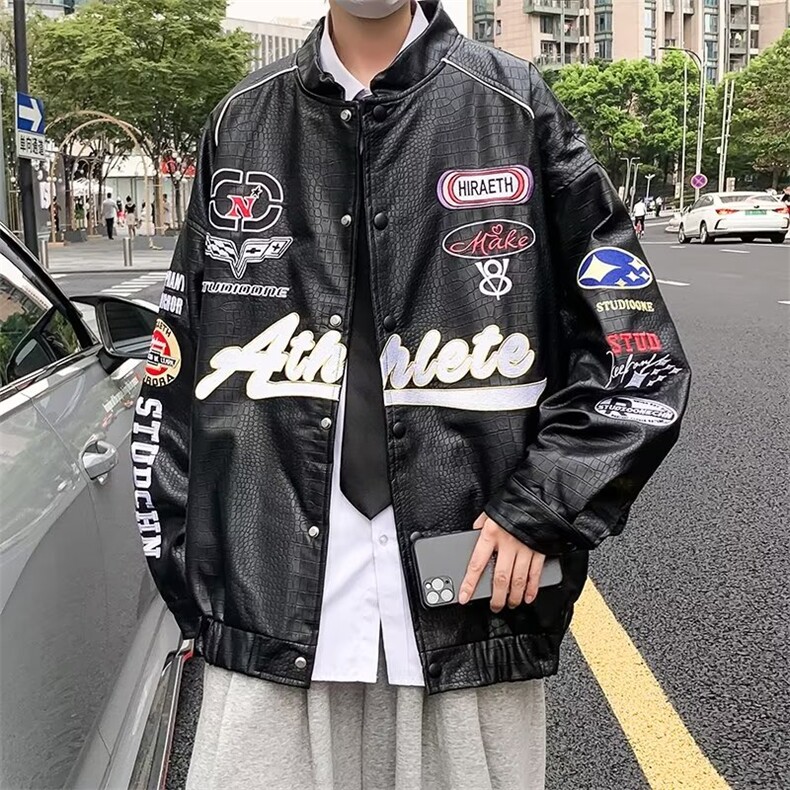 美式潮牌PU皮夹克上衣男情侣宽松棒球服男街头机车外套PJ957-P88图片