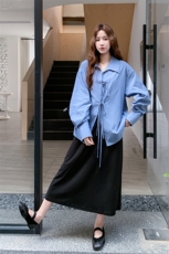蓝色松弛感系带蝴蝶结长袖衬衫套装2025秋季减龄A字裙日系两件套，女装套装/套裙，2C198