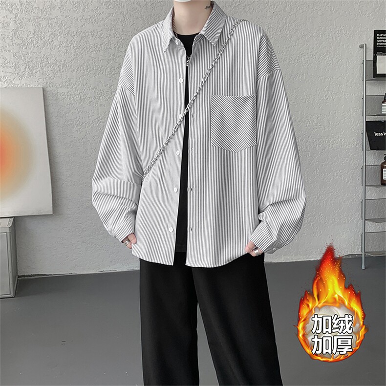 加绒衬衫男冬季新款港风宽松条纹加厚保暖长袖衬衣JR89-P39，男装衬衫，星座214-3
