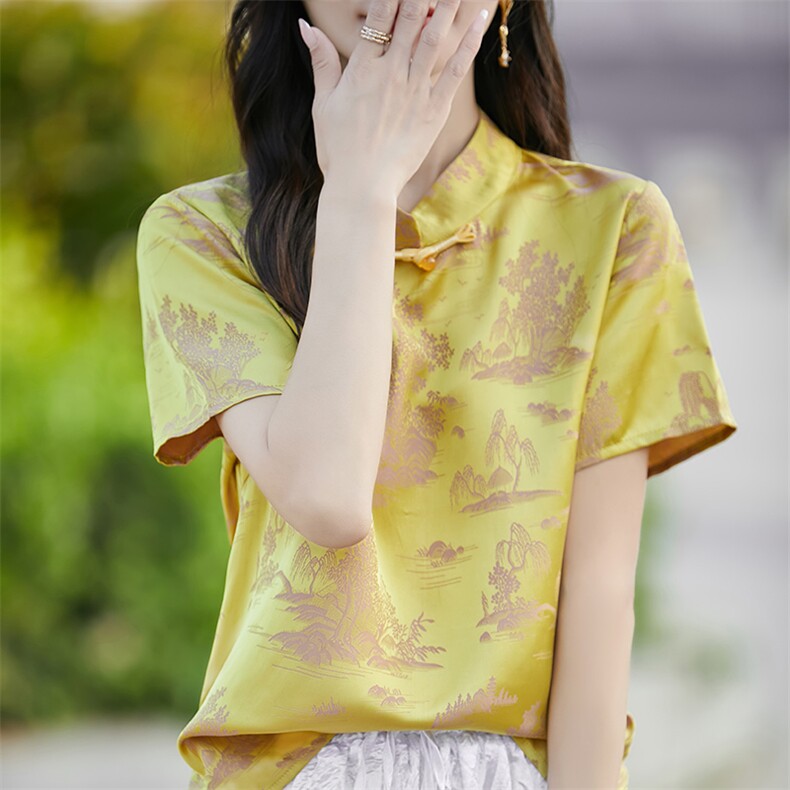 新中式国风改良短袖衬衣女高端缎面轻奢复古盘扣斜襟领衬衫上衣,女装T恤,佳绒高端店