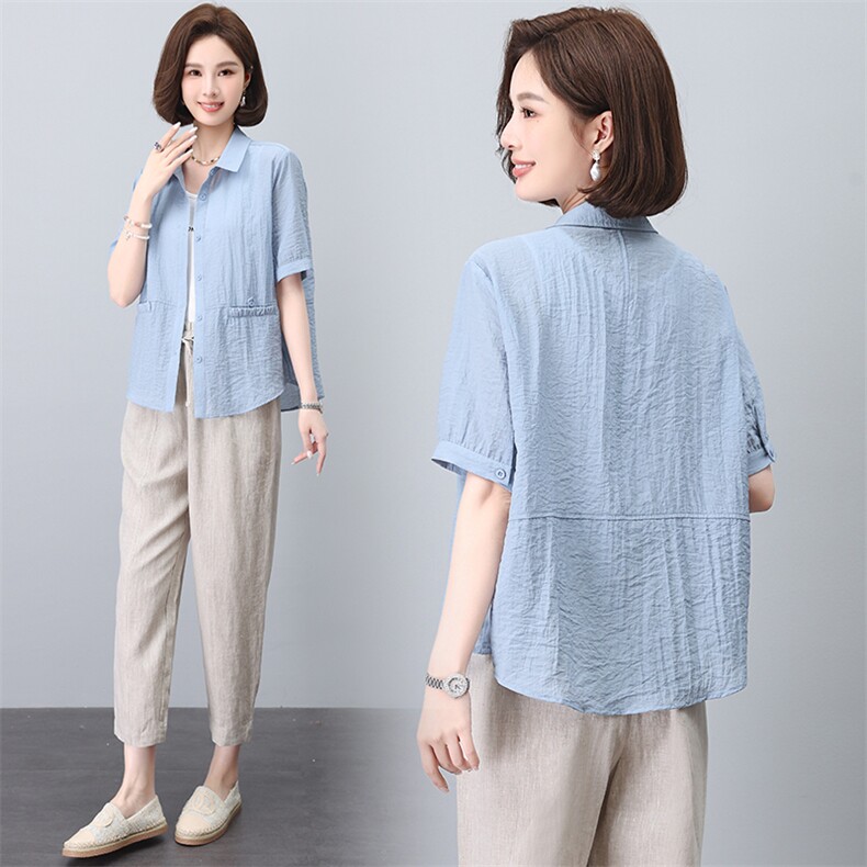 棉麻女2025夏季新款中年妈妈减龄高级感休闲一整套搭配，女装衬衫，韩派