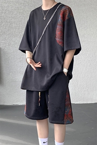 8XL-M民族风潮拼接休闲运动套装男夏季学生短袖短裤TZ38001P60图片