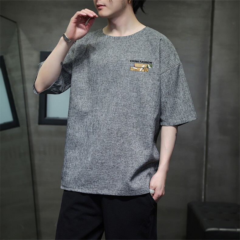 已做版权现货夏季亚麻潮宽松仙鹤大码棉麻短袖MT01-P35控58,男装T恤,星座205-5