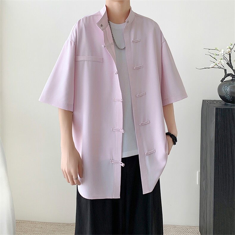 X2448-TP30控价48夏季新中式风盘扣休闲五分袖冰丝衬衫男，男装衬衫，电商A102-1