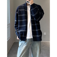 现货25852-特P70格纹宽松针织开衫条纹百搭休闲立领毛衣外套，男装针织衫/毛衣，电商D310B