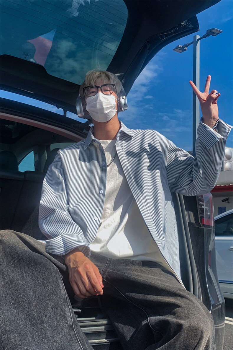 日系复古条纹长袖衬衫男高级感穿搭大码休闲衬衣外套C2251-特价28,男装衬衫,电商A007
