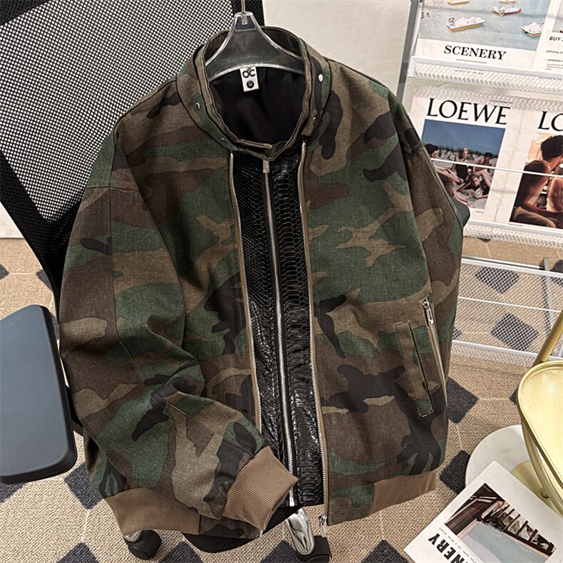 得物品质秋款男迷彩立领夹克衫皮拼接宽松外套JK034P85,男装夹克,星座1013-1