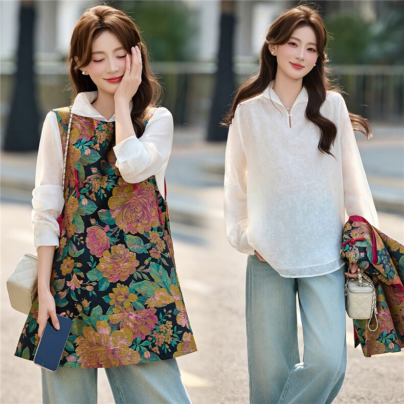 原创设计2026春装新款U领宽松无袖马甲衬衫两件套，女装马甲，天丝秀