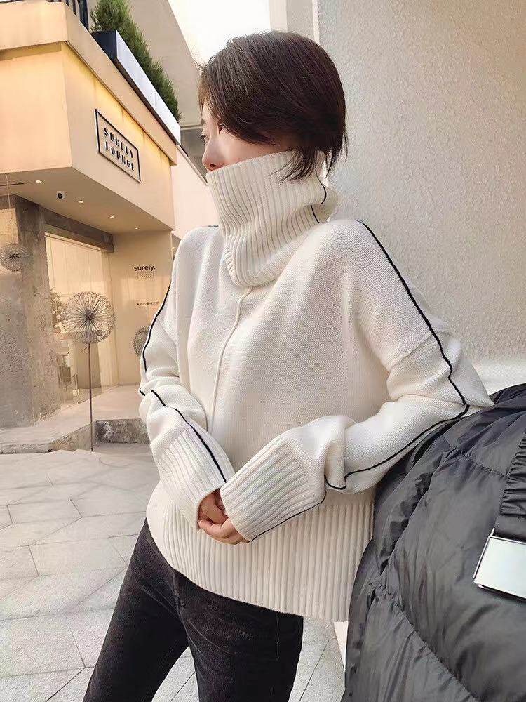 高翻领针织衫女气质慵懒风毛衣宽松厚针织,针织衫/毛衣,半城羊绒